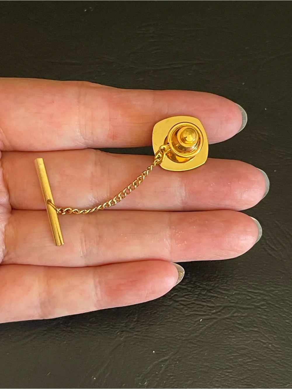 SWANK Gold-Tone Cufflinks and Tie Tack with Green jade Stone Centers